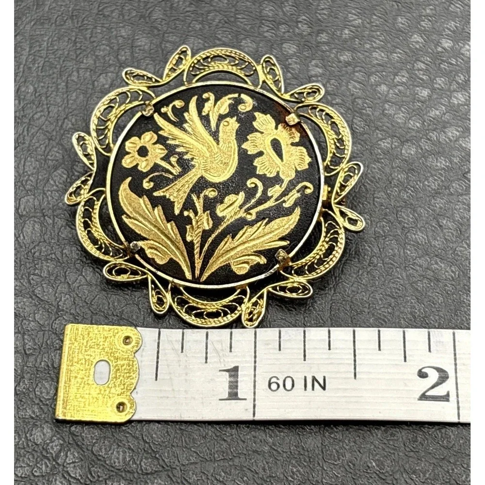 Vintage Damascene Bird Black Enamel Flower Brooch Filigree Gold Tone